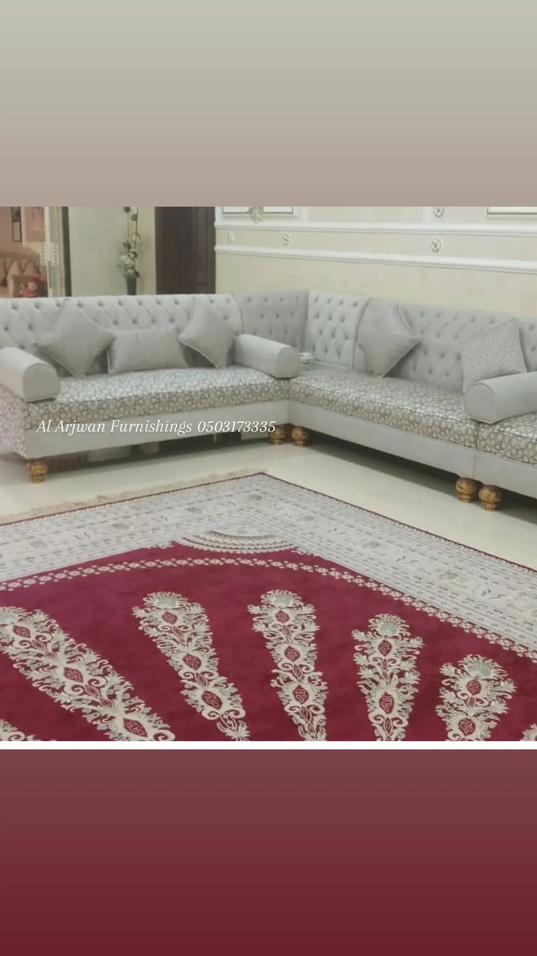 Tufted majlis seating re-covered in patterned and plain fabric