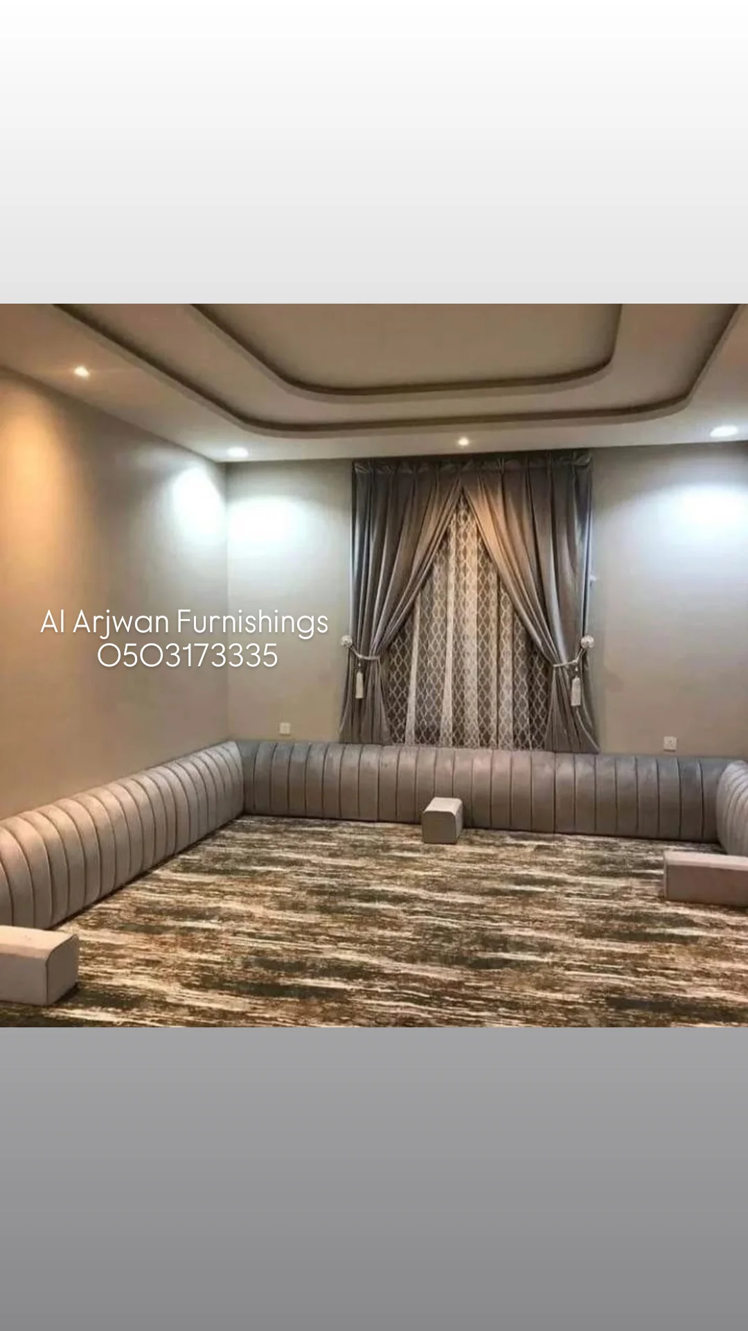 Layered drapery with sheer panel and majlis seating, Abu Dhabi villa