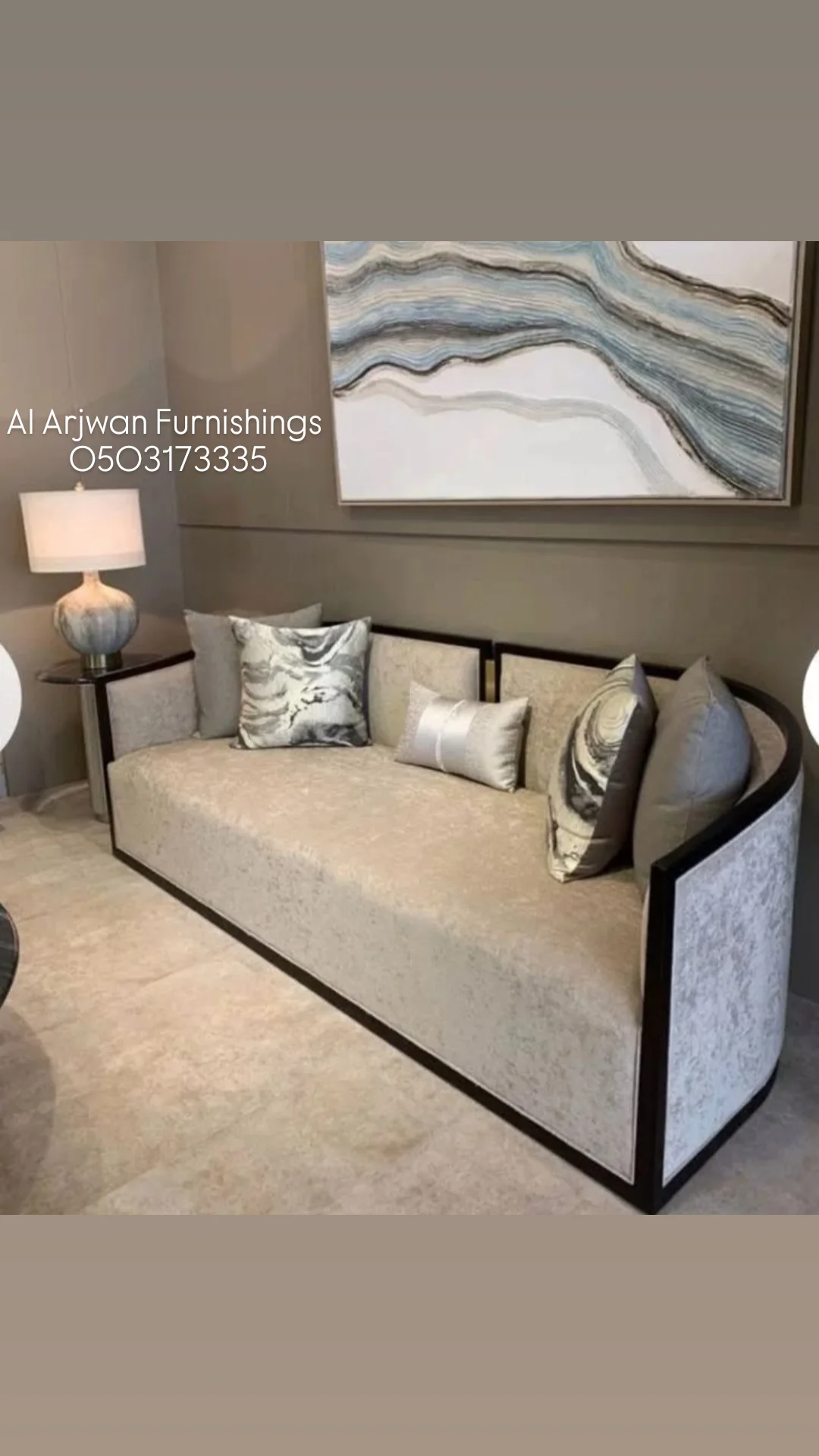 Custom sofa in velvet with contrast trim and scatter cushions